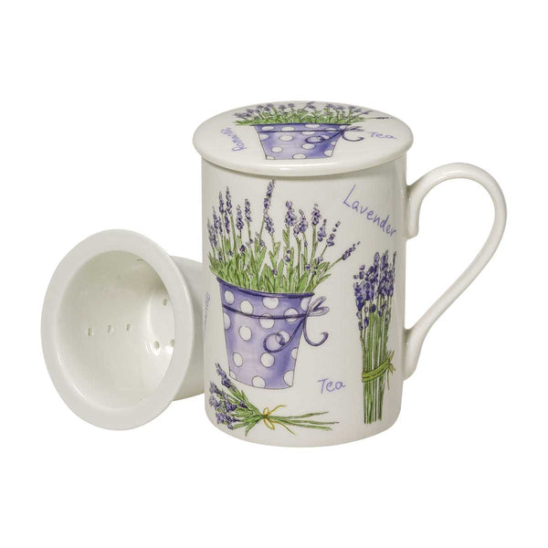 Porselein beker met porseleinen zeef en deksel - Lavendel in paars emmertje