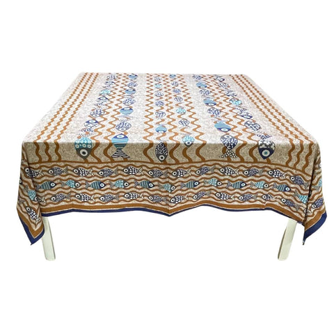 Katoenen doek uit Italië (2,10 x 2,40 m) XL - Blauw/Bruin Vis - Strand, Bank, Wandkleed en meer