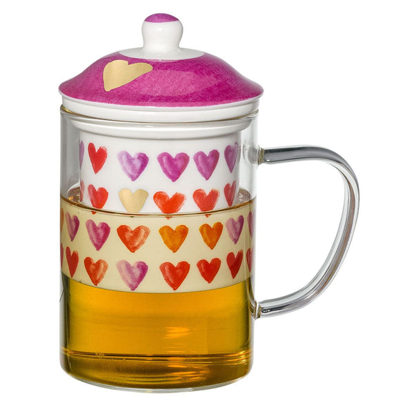 Luxe thee glas met porseleinen infuser in geschenkdoos - Heart